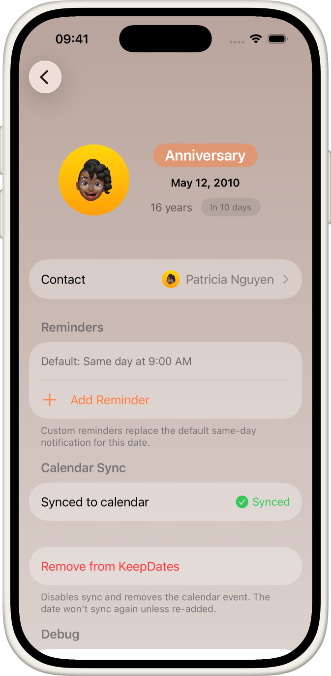 KeepDates date detail view