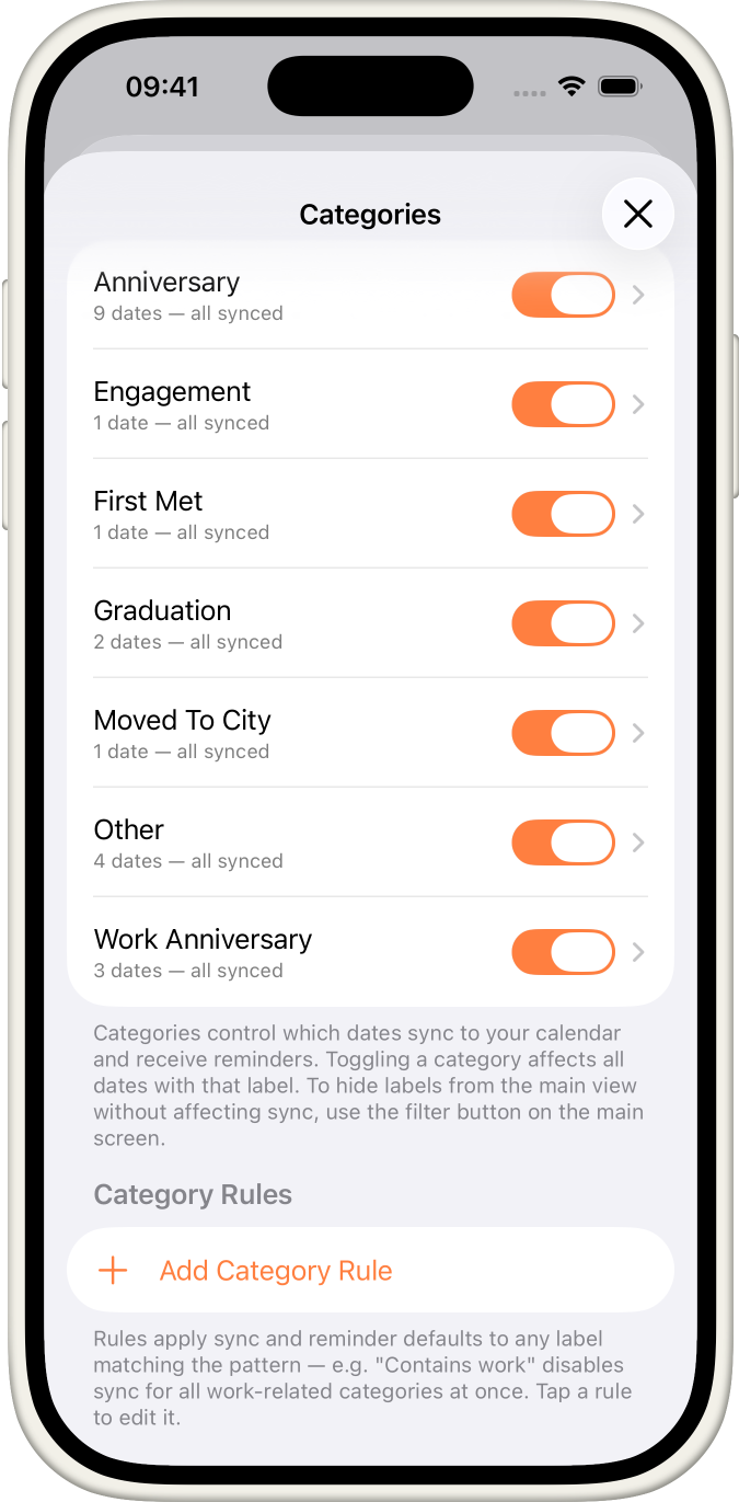 KeepDates categories